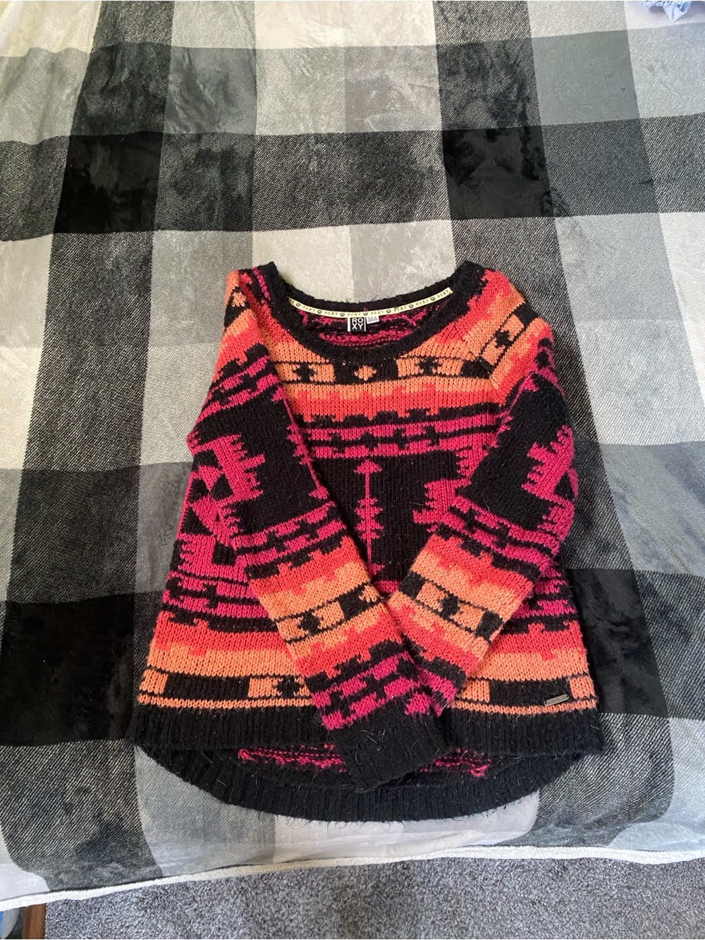 Roxy Black, Pink & Orange Patterned Crewneck Sweater